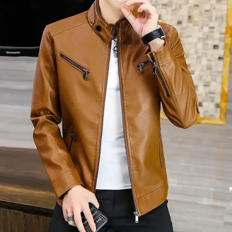 Fashionable Casual Trendy Korean Style Slim Fit Leather Jacket For Men New Arrival Autumn Winter Stand Collar Motorcycle Jacket