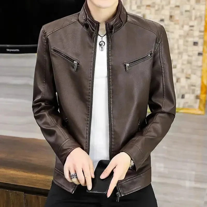 Fashionable Casual Trendy Korean Style Slim Fit Leather Jacket For Men New Arrival Autumn Winter Stand Collar Motorcycle Jacket