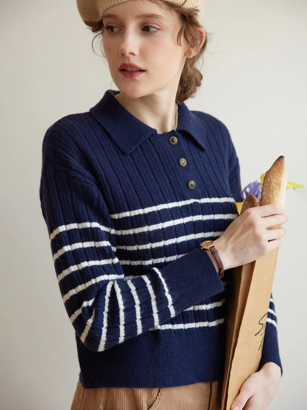 【Final Sale】Davian Striped Blue Polo Knit Top