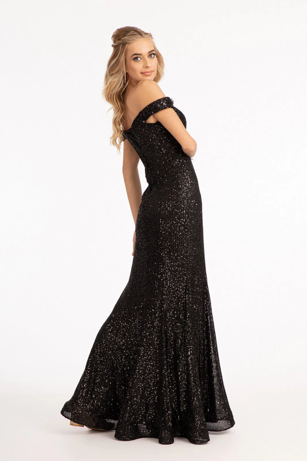 Fitted Off Shoulder Sequin Gown by Elizabeth K GL3054