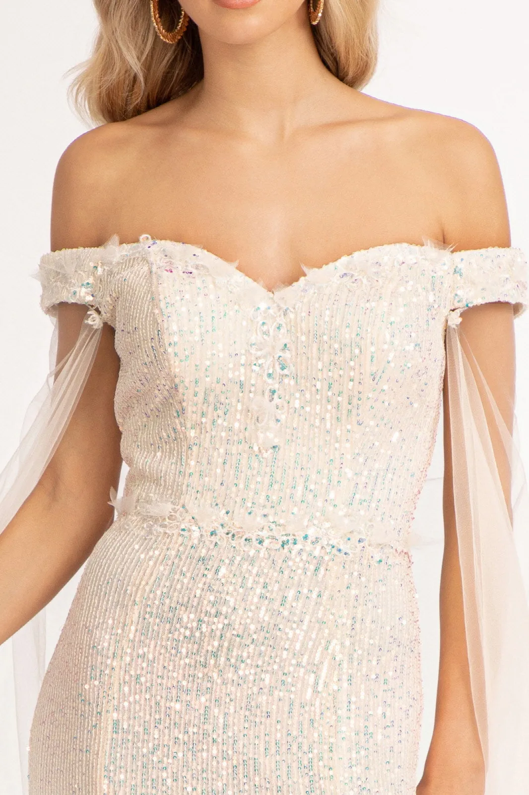 Fitted Off Shoulder Sequin Gown by Elizabeth K GL3054