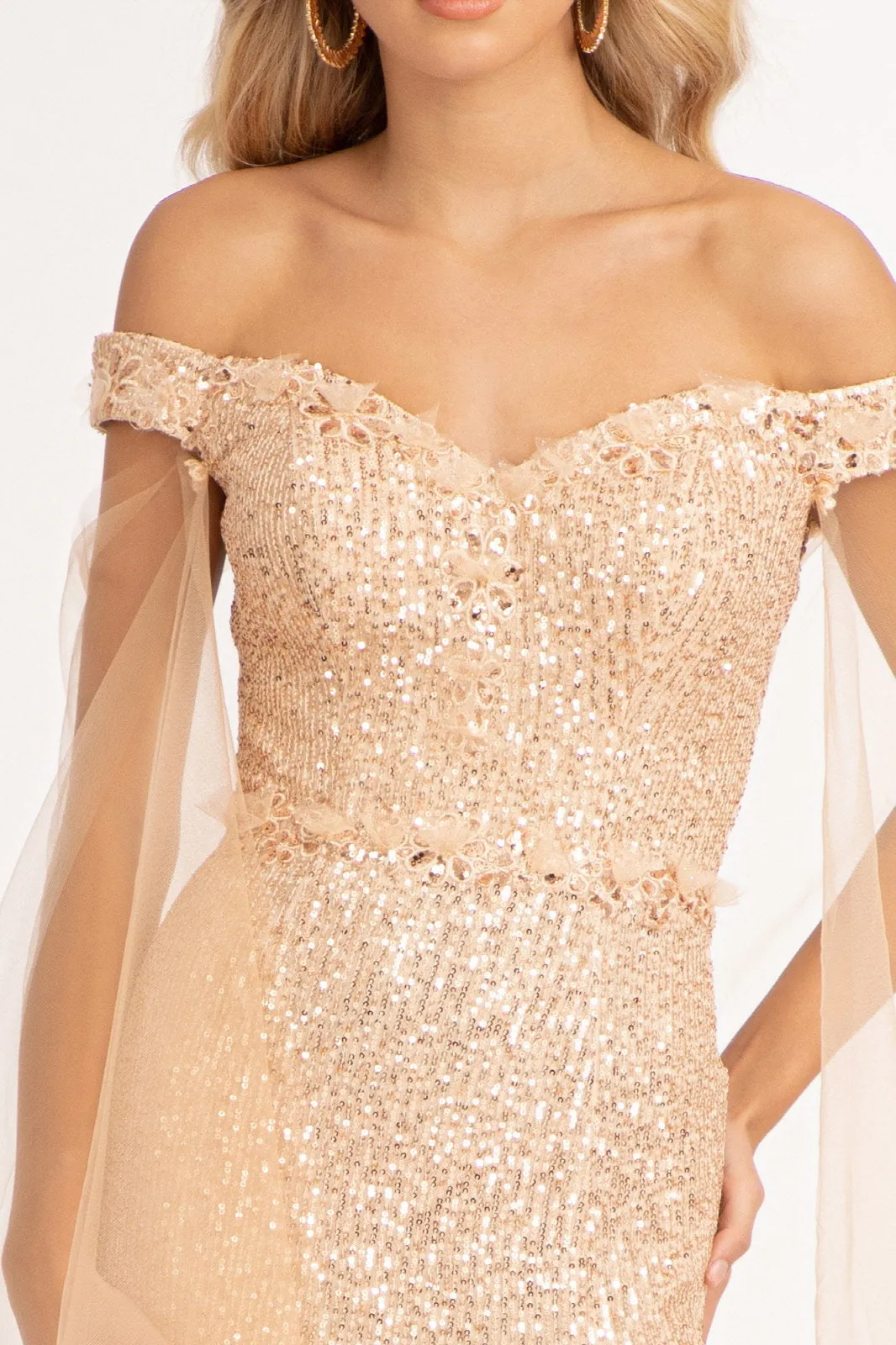 Fitted Off Shoulder Sequin Gown by Elizabeth K GL3054