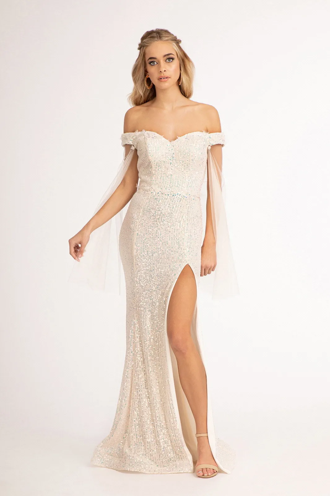 Fitted Off Shoulder Sequin Gown by Elizabeth K GL3054