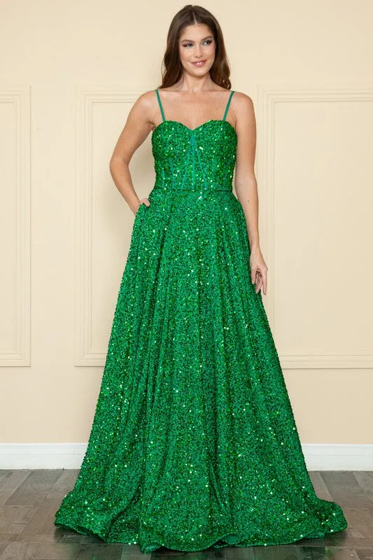 Green A Line Sequin Over Velvet Gown