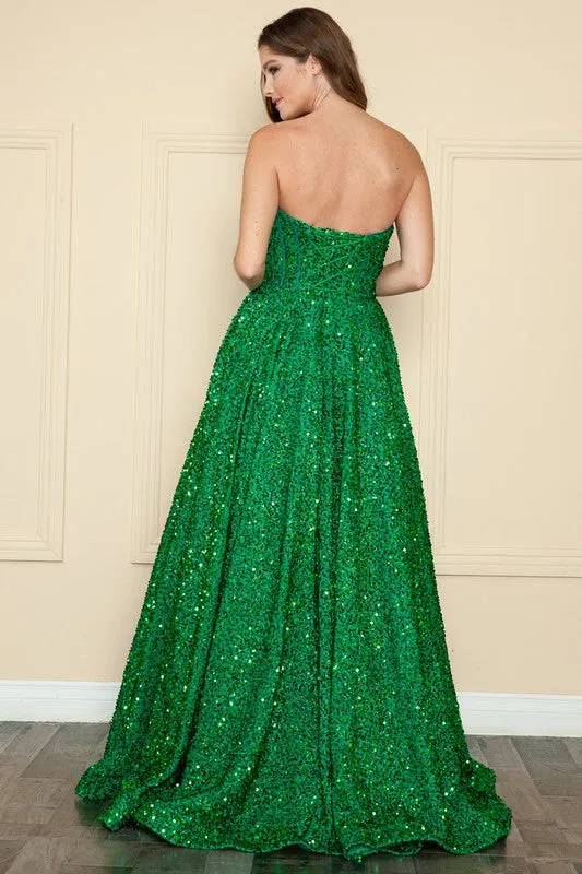 Green A Line Sequin Over Velvet Gown