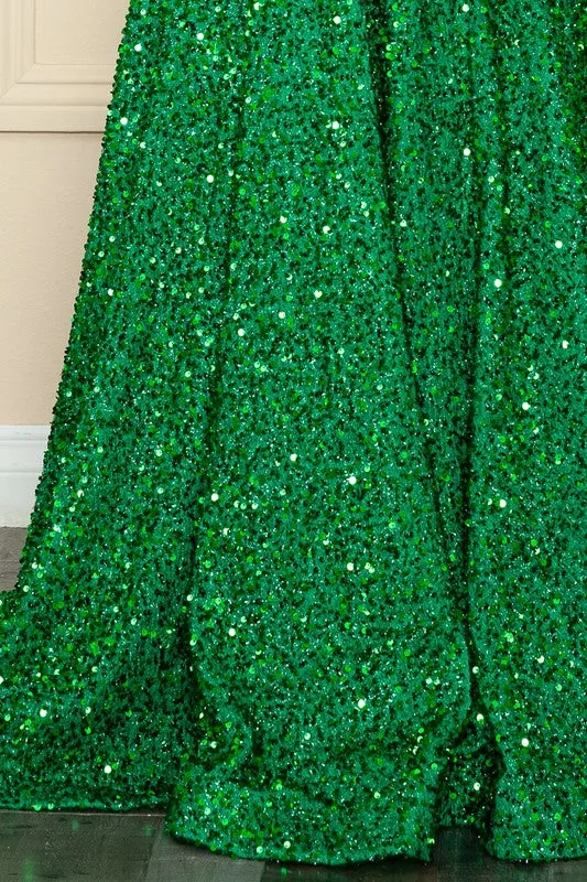 Green A Line Sequin Over Velvet Gown