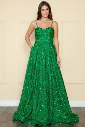 Green A Line Sequin Over Velvet Gown