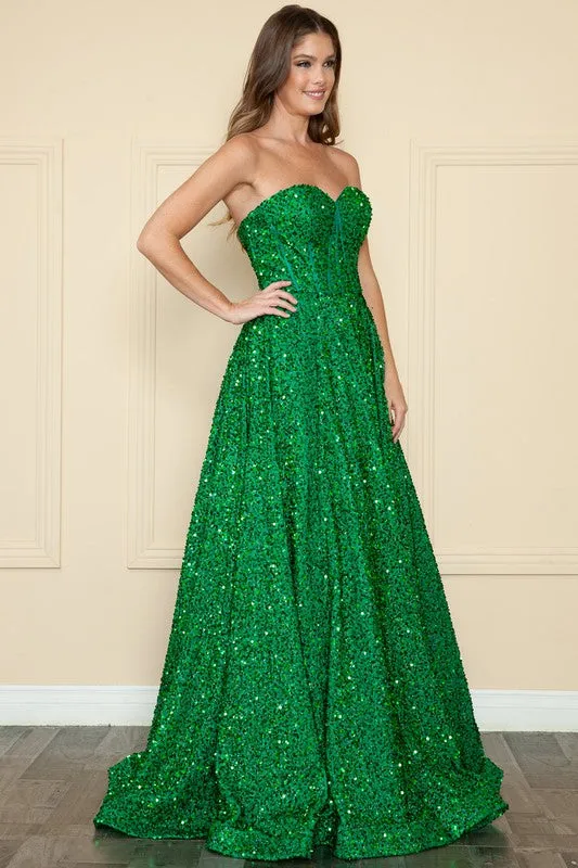 Green A Line Sequin Over Velvet Gown