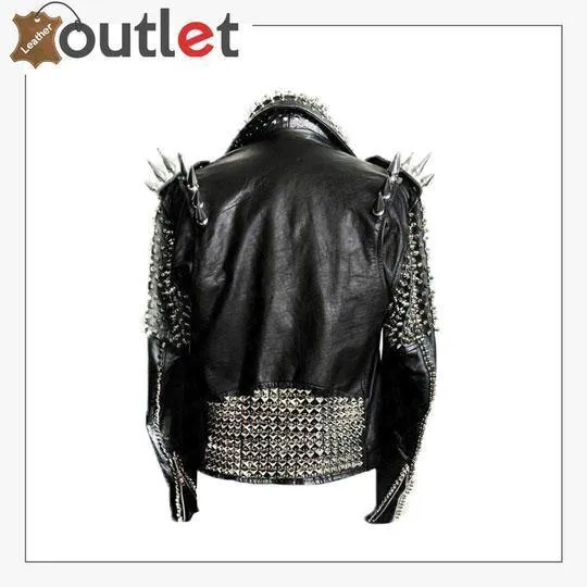 Handmade Mens Black Fashion Long Studded Punk Style Leather Jacket