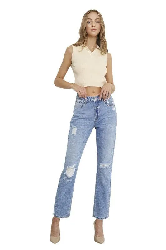 High Rise Distressed Girlfriend Jeans