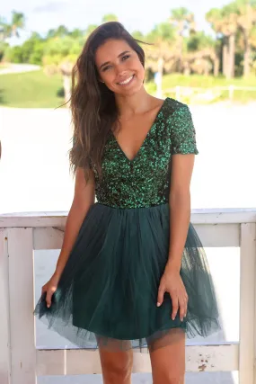 Hunter Green Sequin Top Short Dress