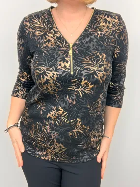 Ilona Party Zip top Black and Gold Metallic print 111