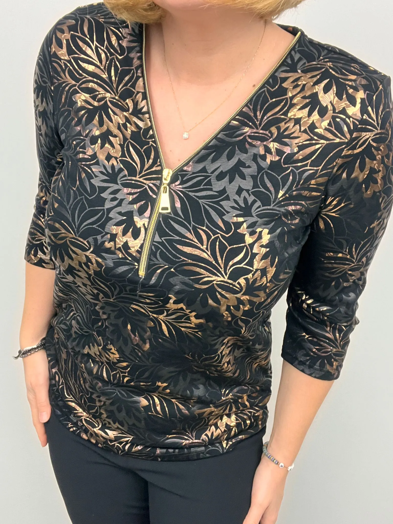 Ilona Party Zip top Black and Gold Metallic print 111