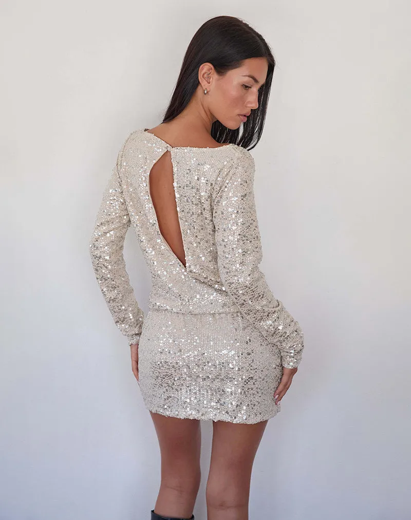 Jasilia Long Sleeve Mini Dress in Neutral Sequin