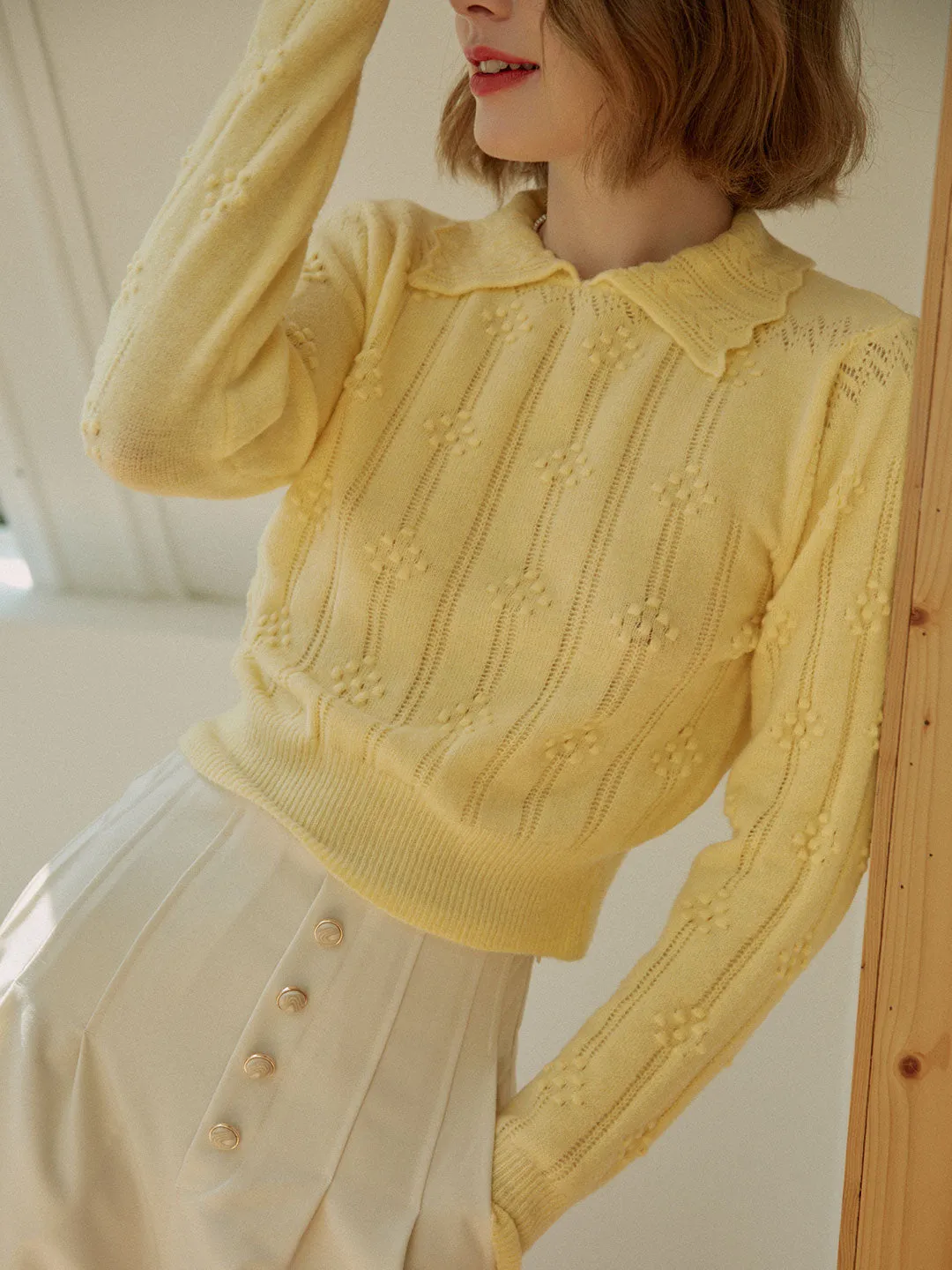 Jasmine Cable Polo Yellow Knit Sweater