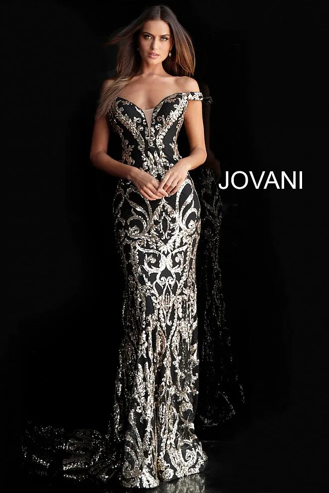 Jovani 63349 Blk/Royal sz 2 Sequin Mermaid Prom Dress Long Fitted Pageant off the shoulder