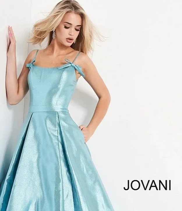 Jovani JVN03479 Blue Metallic Prom Dress Ballgown Spaghetti Straps with Bows size 6