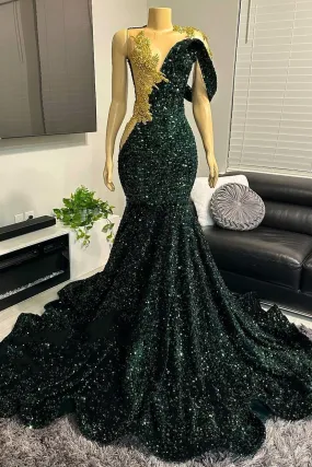 kamahe One shoudler Dark Green Sequin Floor length Prom Dresses