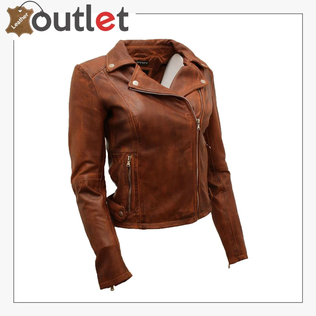 Ladies Coniac Tan Vintage Brando 100% Leather Biker Jacket