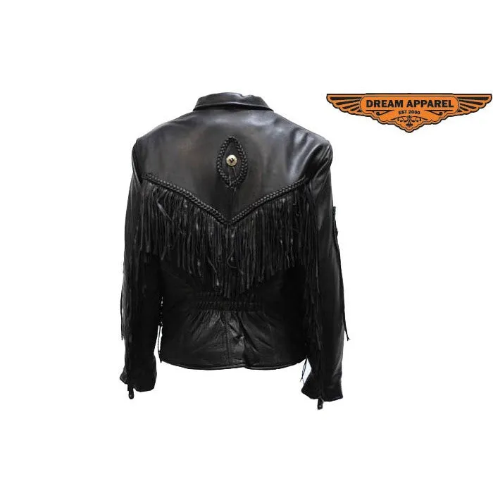 Ladies Naked Cowhide Biker Jacket Zip Out Lining, Side laces, Fringes