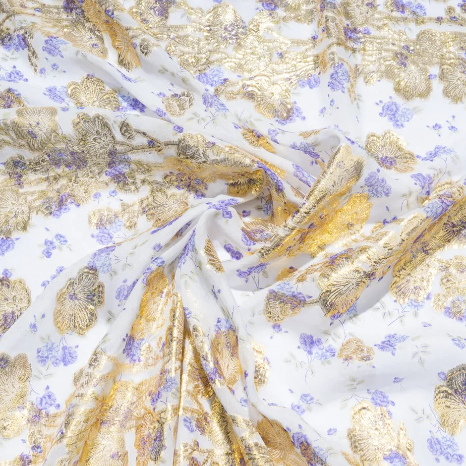 Lavender Floral Printed White Metallic Chiffon