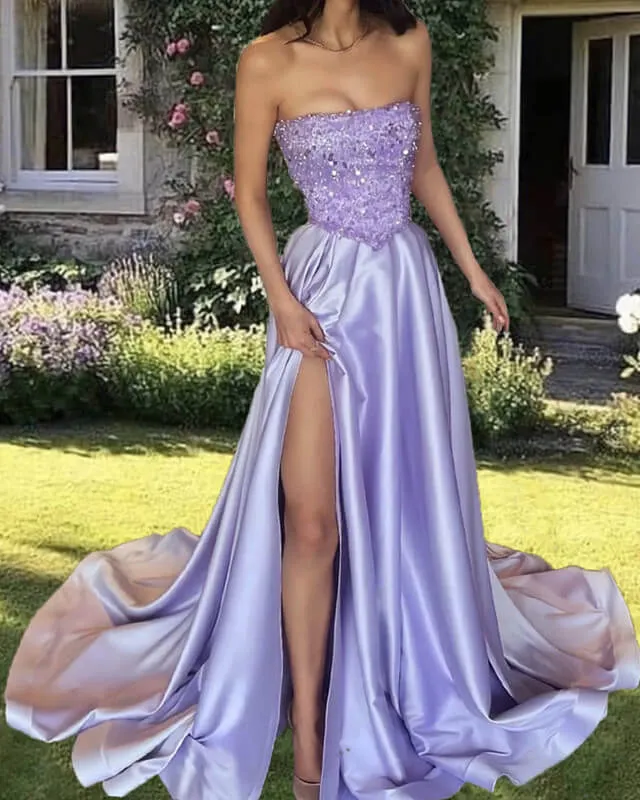 Lilac Sequin Strapless Split Satin Gown Prom Dresses With Slit