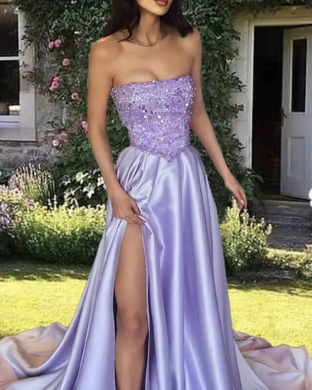 Lilac Sequin Strapless Split Satin Gown Prom Dresses With Slit