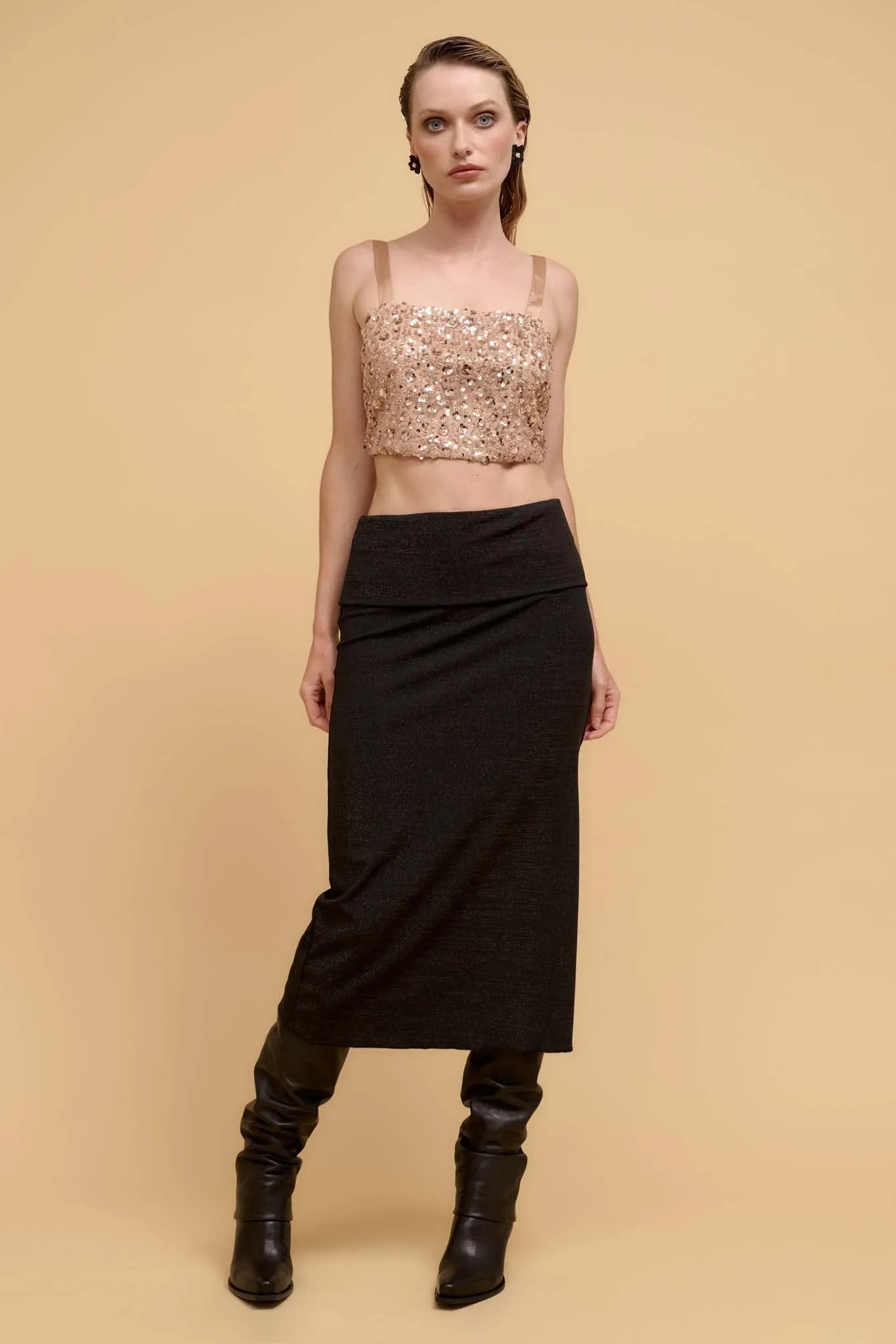 Make It Sparkle Shimmer Knit Foldover Midi Skirt