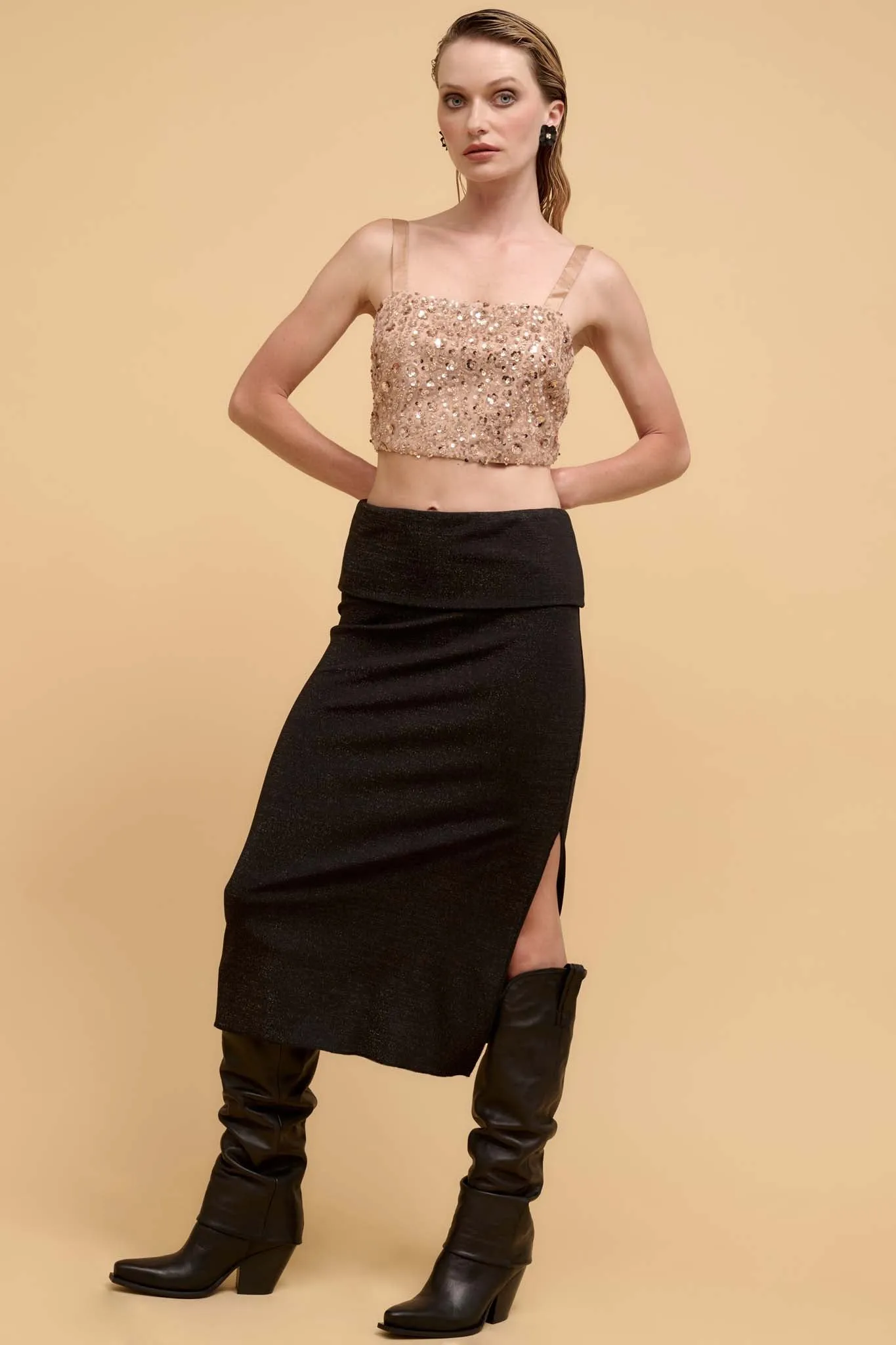 Make It Sparkle Shimmer Knit Foldover Midi Skirt