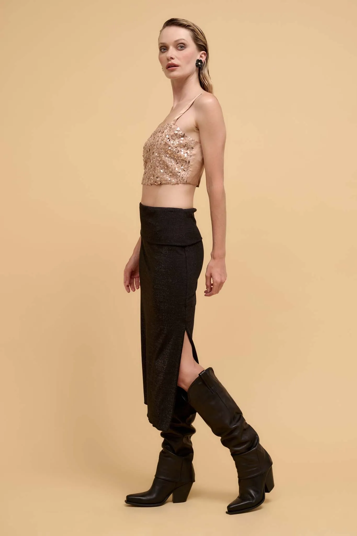 Make It Sparkle Shimmer Knit Foldover Midi Skirt