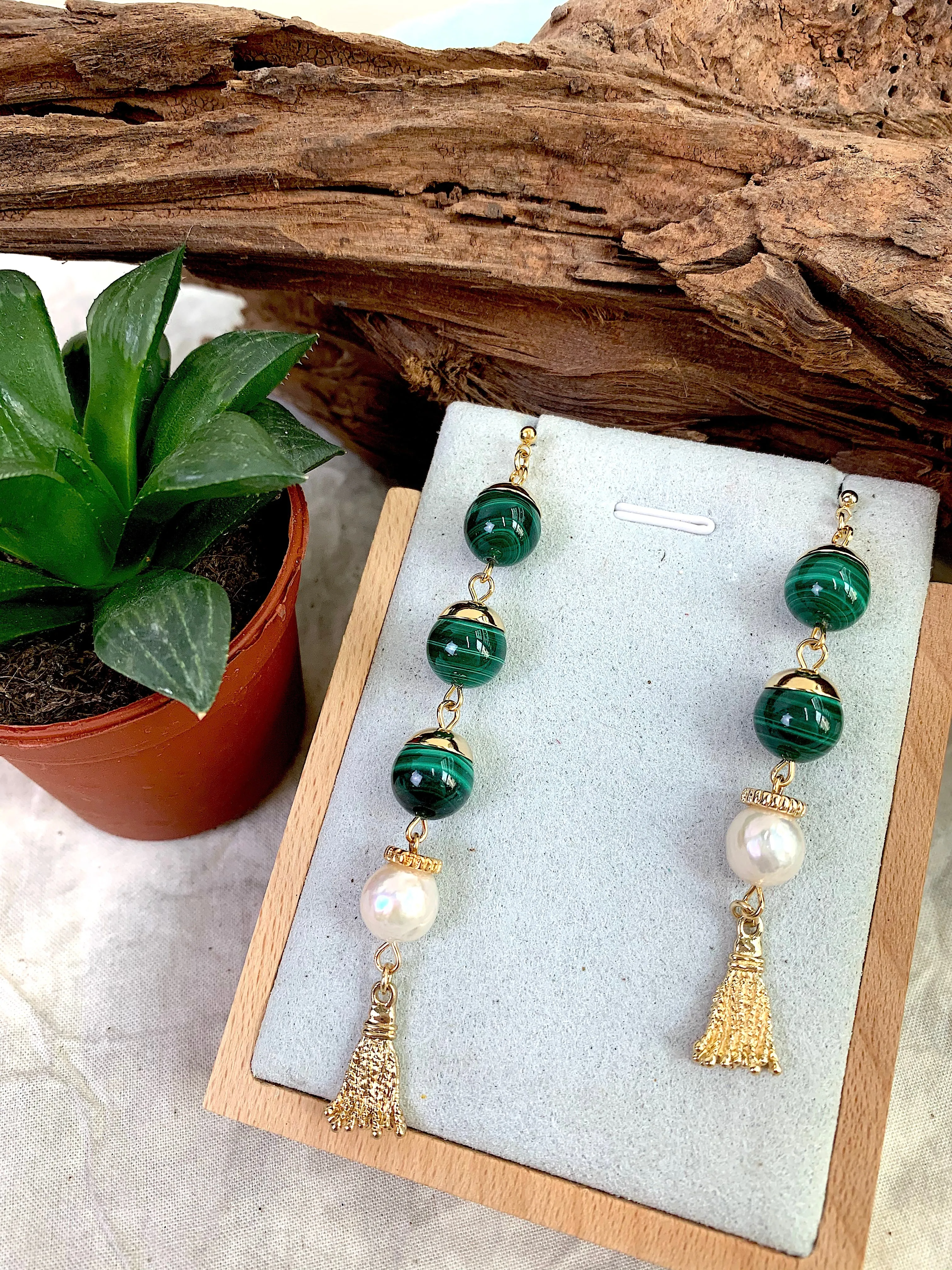 Malachite Asymmetric With Tassel Earrings EE003