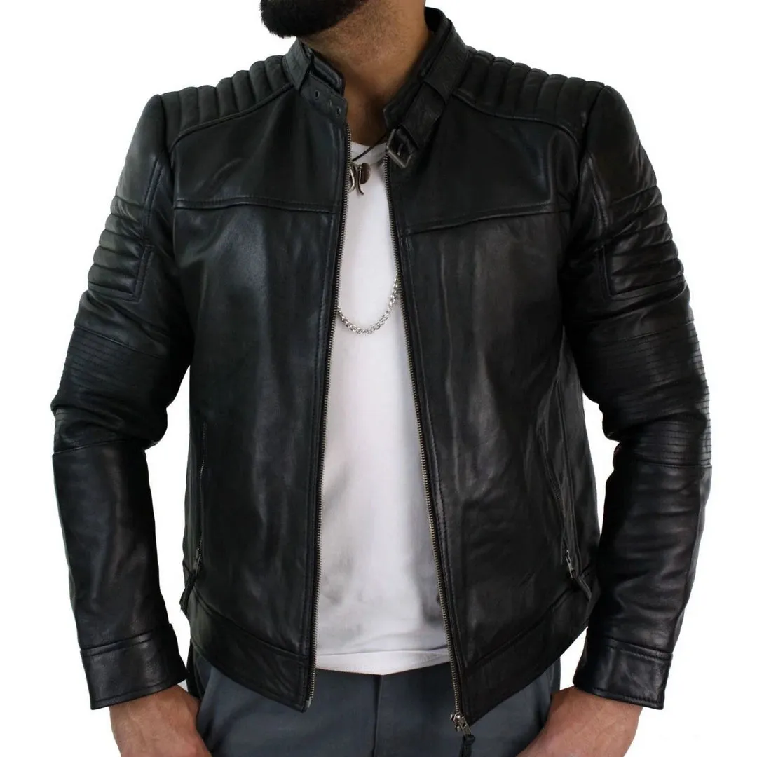 Men's Black Leather Cross Zip Biker Racer Jacket