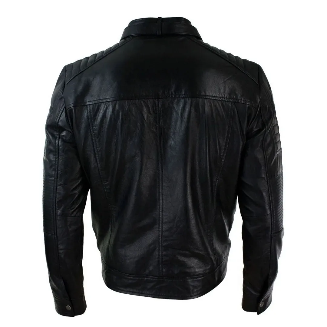 Men's Black Leather Cross Zip Biker Racer Jacket