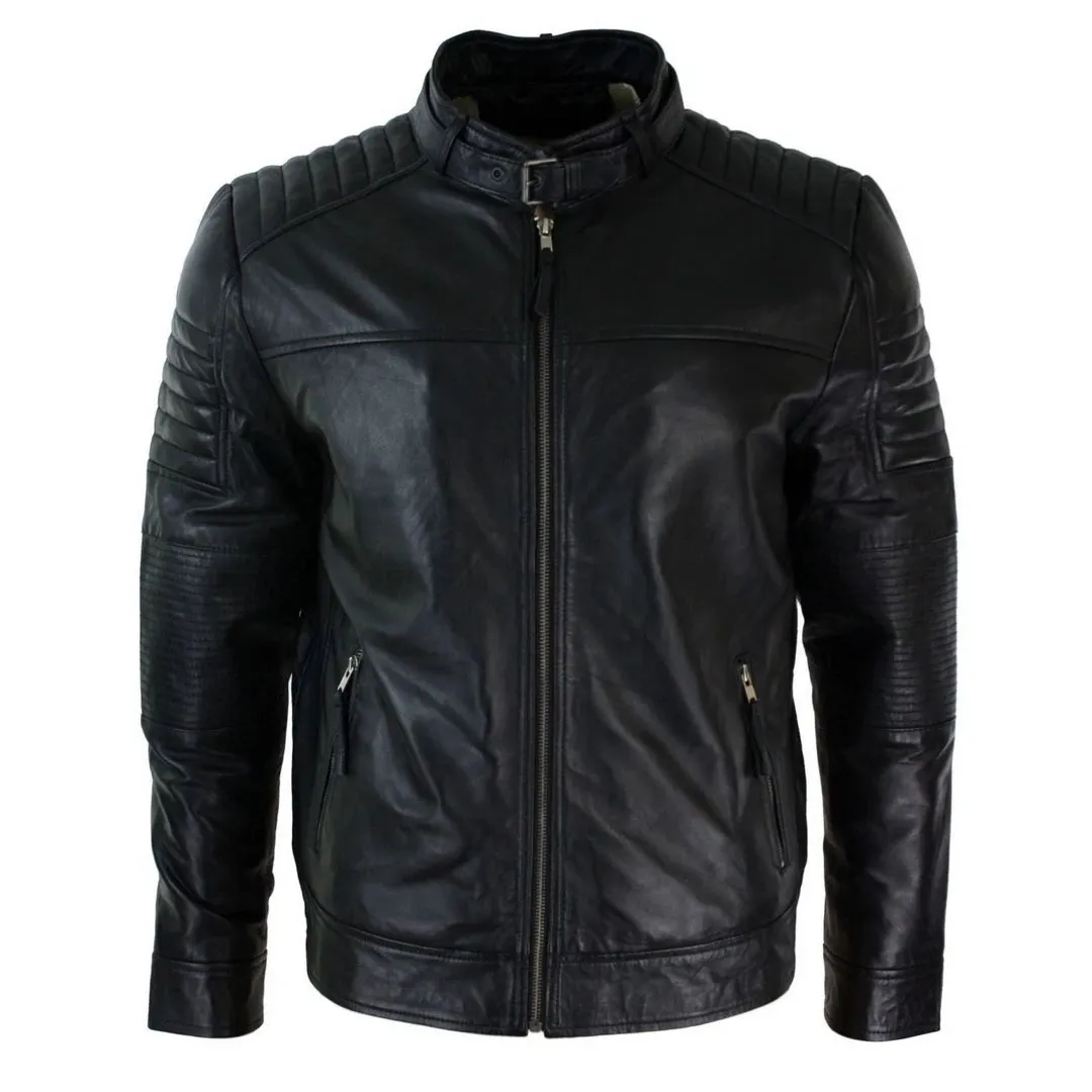 Men's Black Leather Cross Zip Biker Racer Jacket