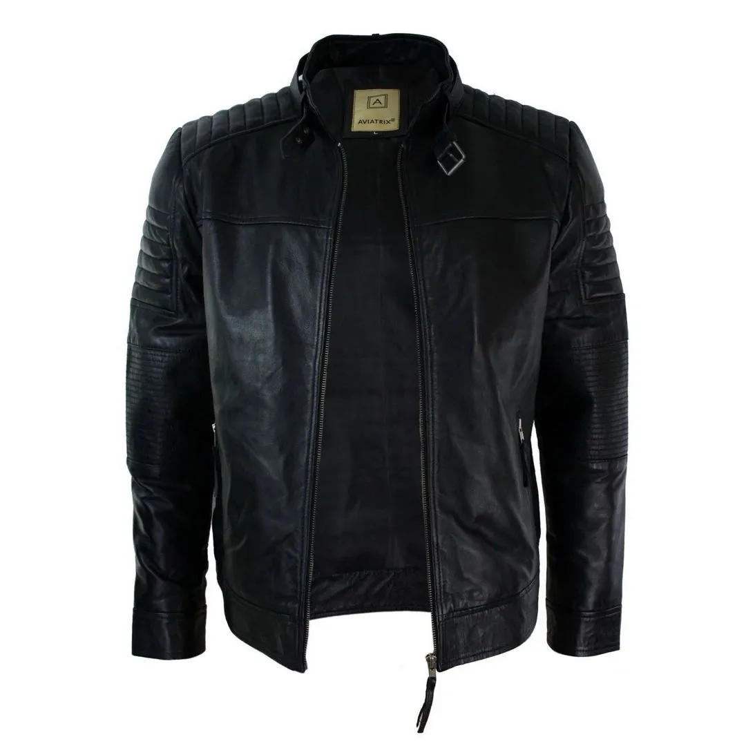 Men's Black Leather Cross Zip Biker Racer Jacket