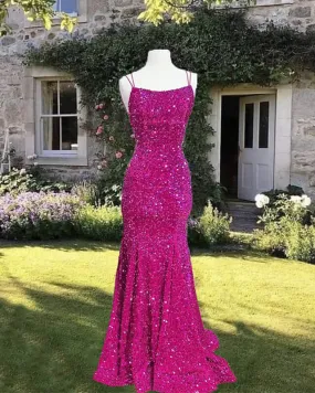 Mermaid Fuchsia Sequin Open Back Dress Prom Dresses