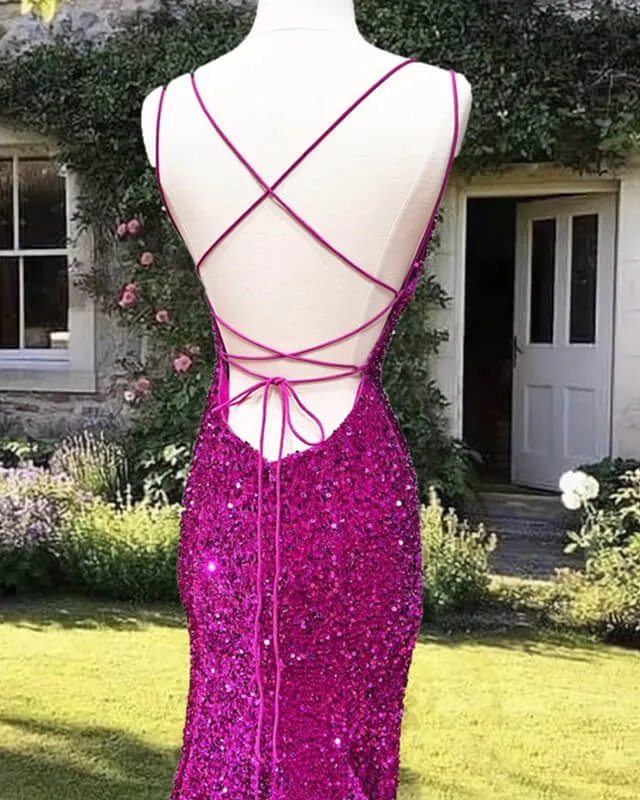 Mermaid Fuchsia Sequin Open Back Dress Prom Dresses