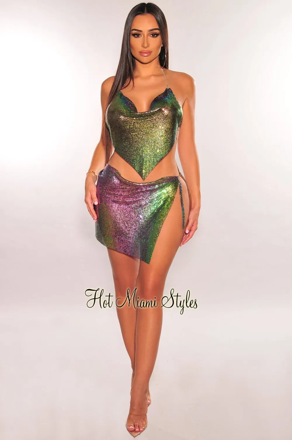 Mermaid Metallic Chainmail Halter V Hem Crop Top