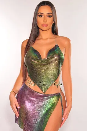 Mermaid Metallic Chainmail Halter V Hem Crop Top