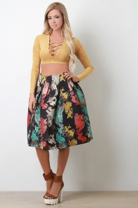 Metallic Textured Watercolor Pleated Midi Skirt