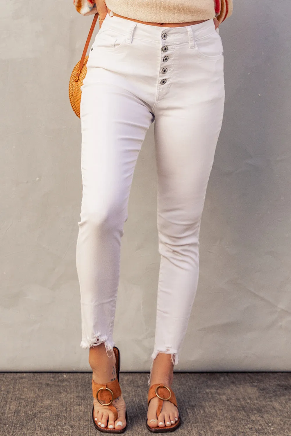 Mid Rise Button Fly White Skinny Jeans