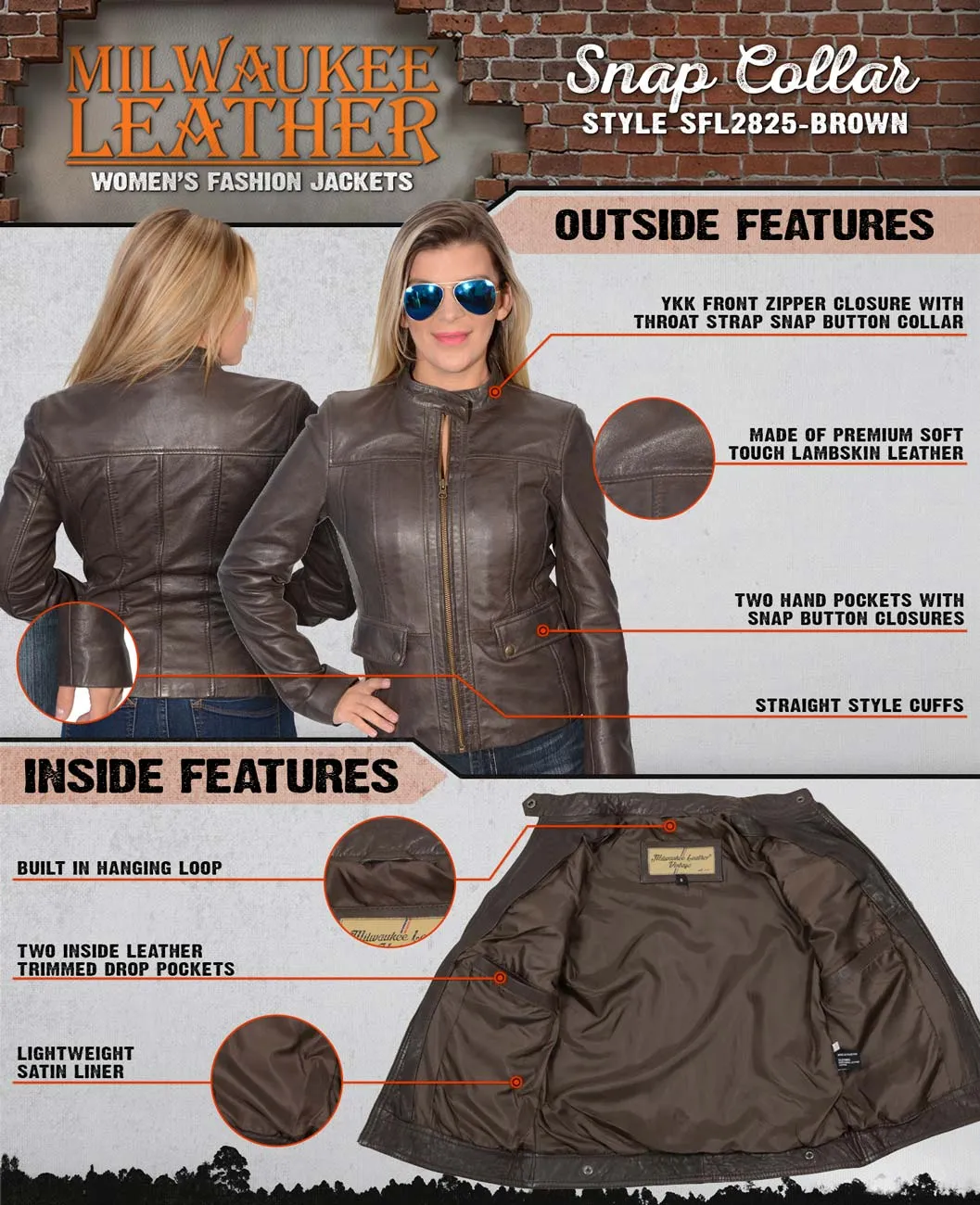 Milwaukee Leather SFL2825 Women's Snap Collar Brown Lambskin Leather Jacket