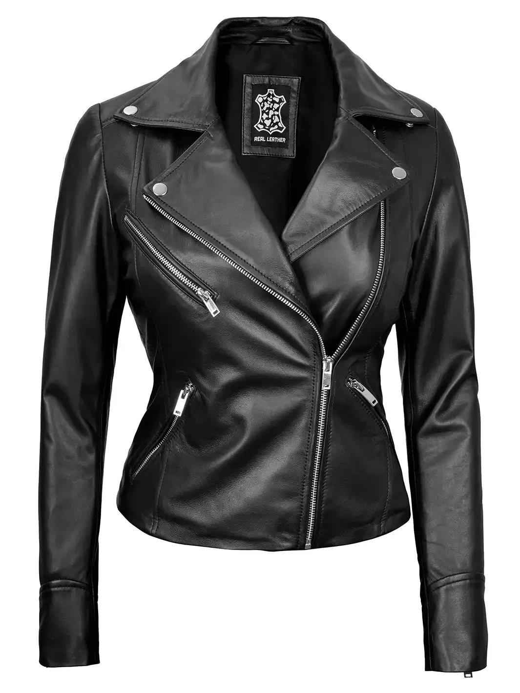 Ninfa Women's Black Asymmetrical Biker Leather Jacket