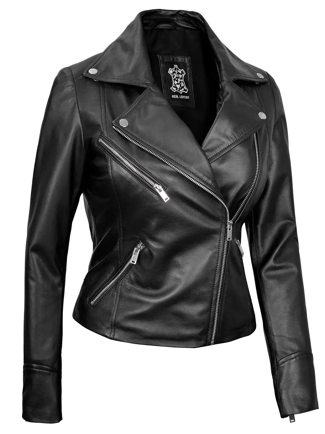 Ninfa Women's Black Asymmetrical Biker Leather Jacket