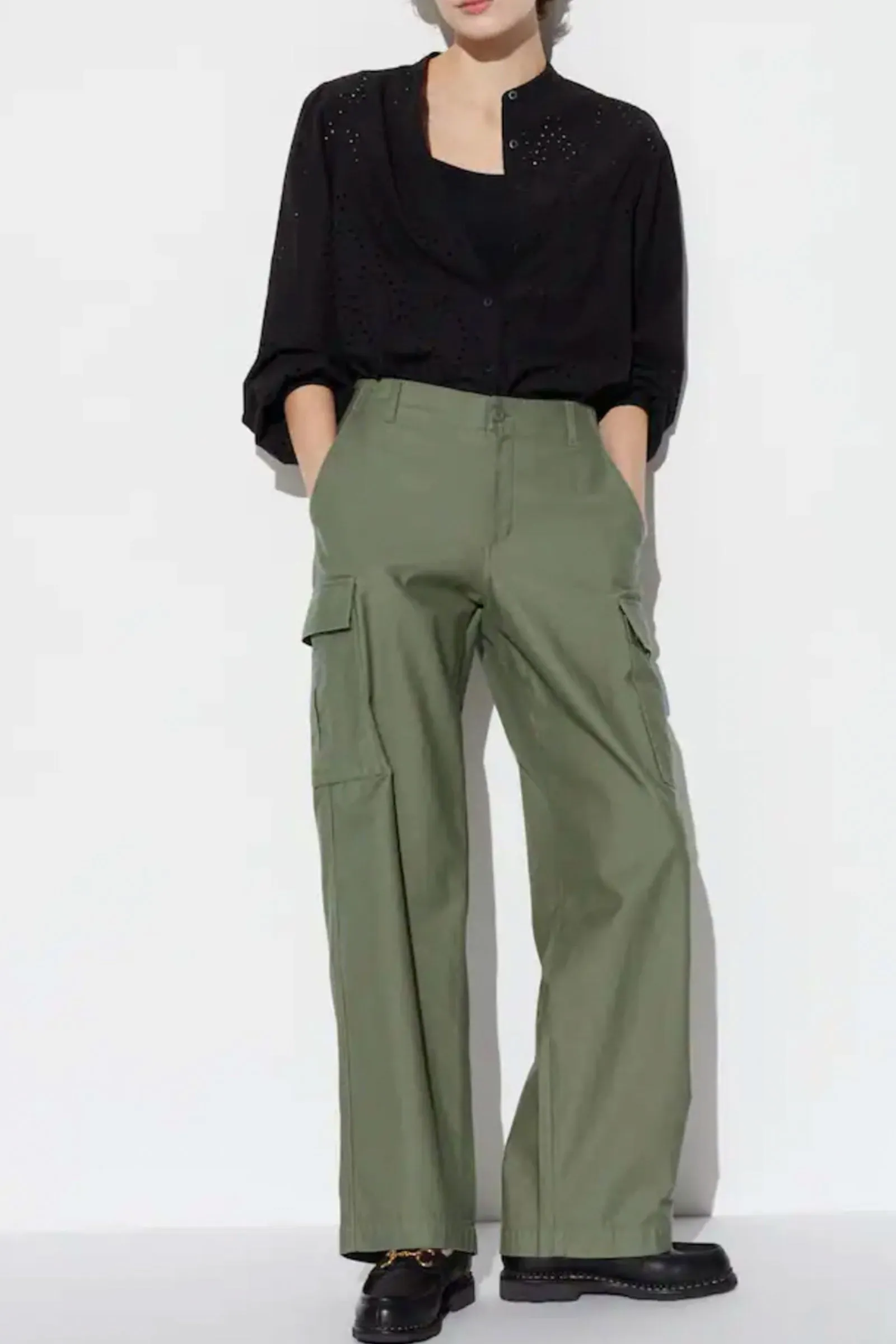 Olive Wide Straight Leg Cargo Trousers (Long)