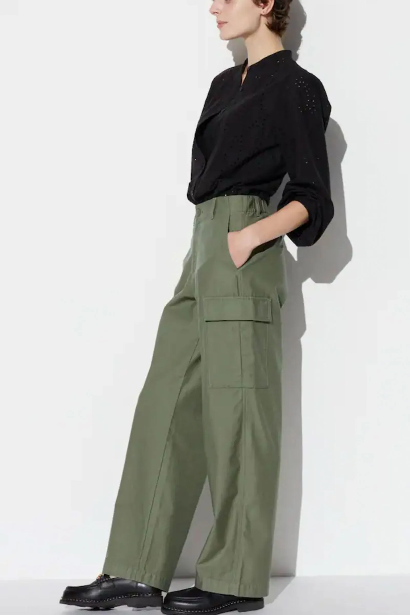 Olive Wide Straight Leg Cargo Trousers (Long)