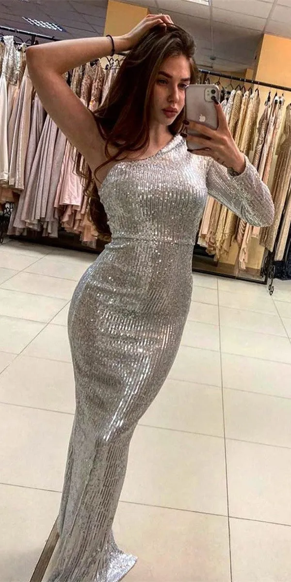 One Shoulder Silver Sequin Long Mermaid Prom Dresses, Sexy Prom Dresses, 2021 Prom Dresses