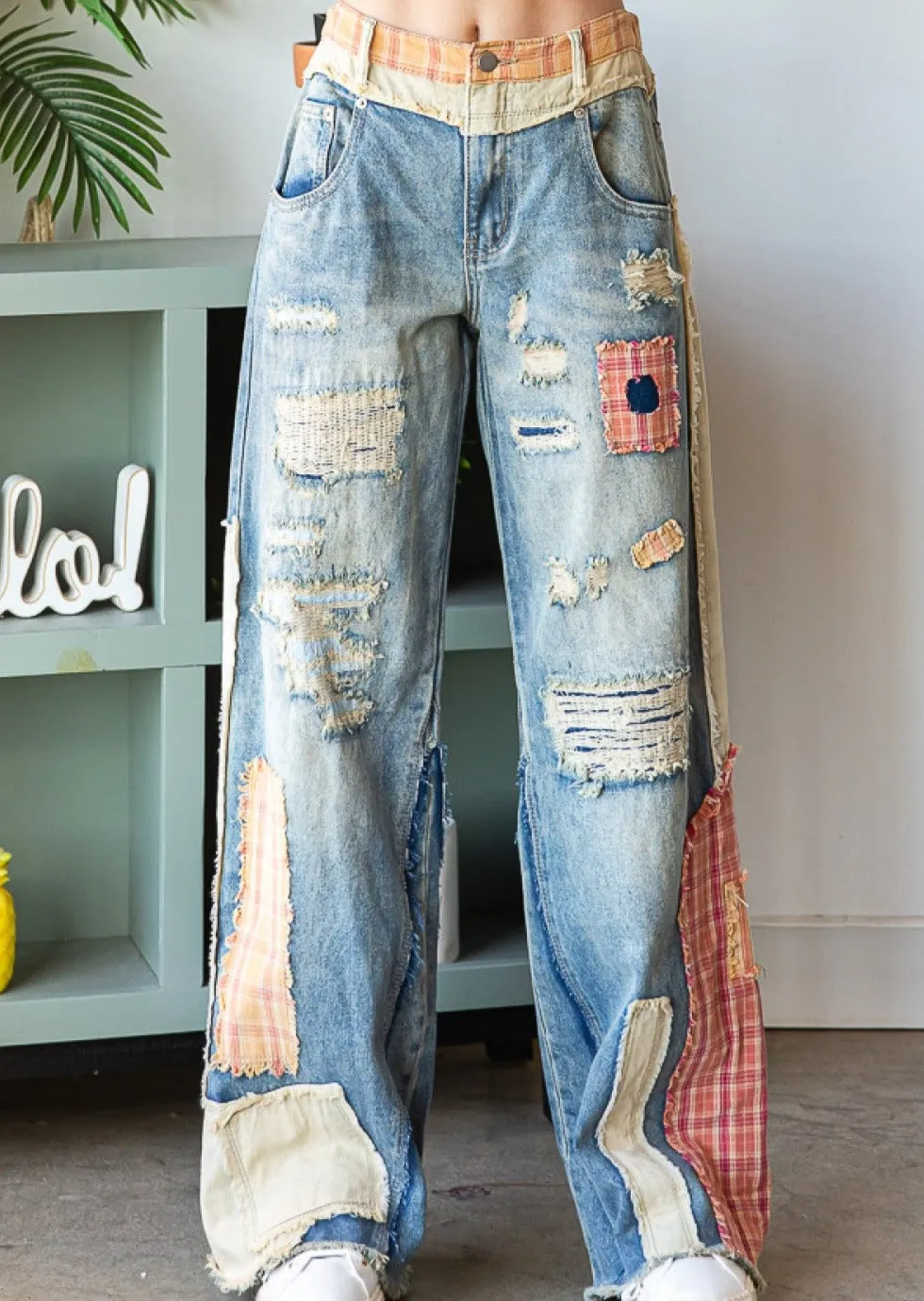 Patch Detail Wide Straight Denim Pants  #212