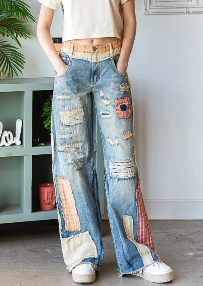 Patch Detail Wide Straight Denim Pants  #212