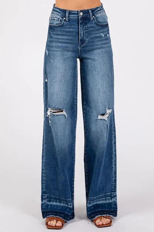 PET110 - DESTROYED HIGH RISE WIDE LEG JEAN